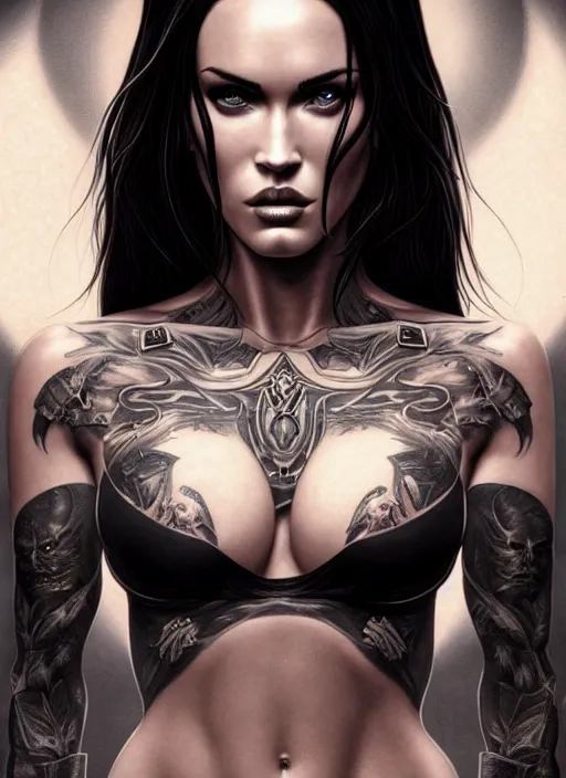 Image similar to symmetry!! gantz portrait of megan fox as a tattooed dark angel, unholy, intricate, highly detailed, dynamic lighting, digital art, digital painting, artstation, terence nielsen, sharp focus, illustration, art by artgerm and greg rutkowski and moebius, 8 k