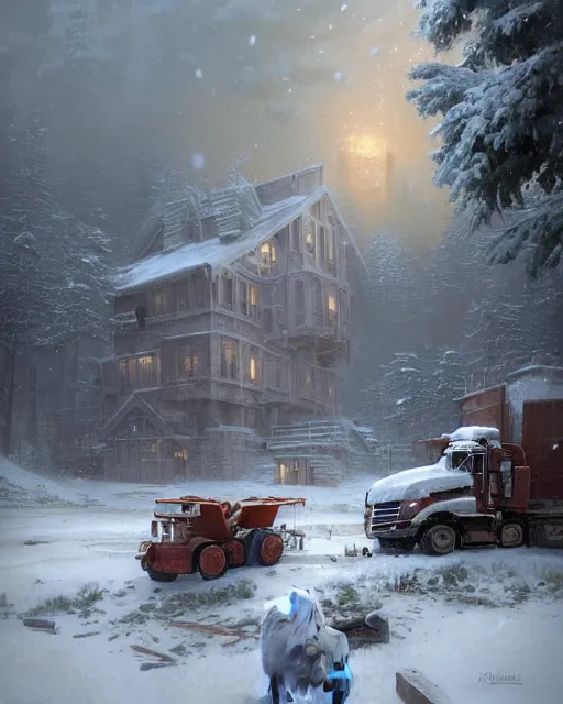 Prompt: construction trucks building a new home with a boy and his lion looking on. detailed blizzard environment. intricate fantasy art by krenz cushart, ilya kuvshinov, peter mohrbacher, greg rutkowski, craig mullins, thomas kinkade. unreal engine 5 highly detailed, blender, octane, ray tracing. sharp focus, masterpiece, snowing. studio concept art