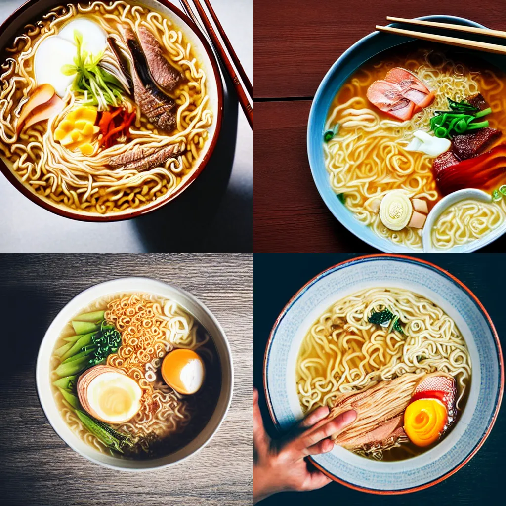 Prompt: A person swimming in a bowl of ramen, photograph