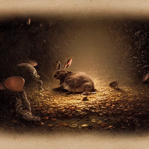 Prompt: photograph of bugs pouring out of the mouth of a rabbit, canon 7 d, film still, dramatic, cinematic, avant garde, digital painting, thomas kinkade, greg rutkowski, kentaro miura