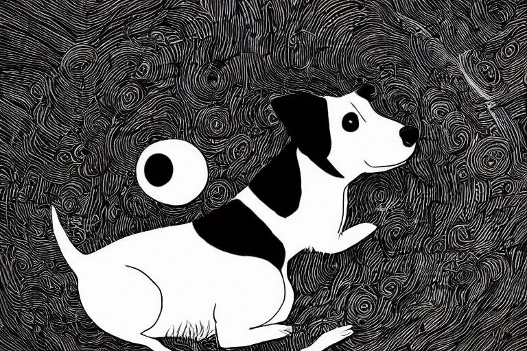 Image similar to cute black and white jack russel terrier laying on dog bed, large round eyes, concept art, fantasy illustration, by victo ngai and diego gisbert llorens