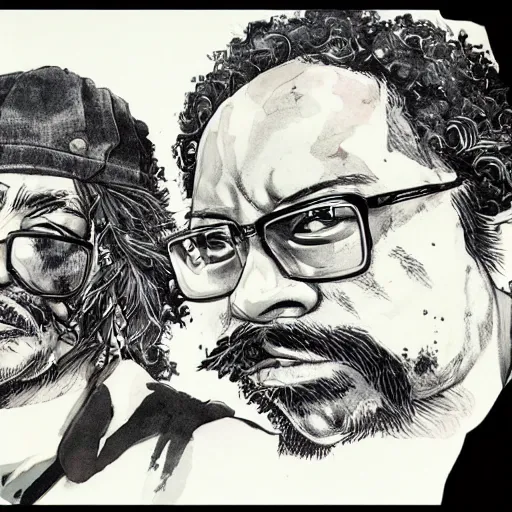 Image similar to portrait of cheech and chong, concept art, sumi - e style, intricate linework, artstation, trending, highly detailed, smooth, focus, art by yoji shinkawa,