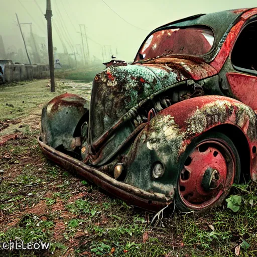 Image similar to apocalyptic, ruined town, abandoned streets, littered, decrepit homes and sheds on the side of the road, slowly being reclaimed by nature. rusted tesla car. fog, dew, rain, volumetric lighting, beautiful, summer morning dew, sharp focus, ultra detailed, cgsociety - w 1 0 2 4 - n 8 - i