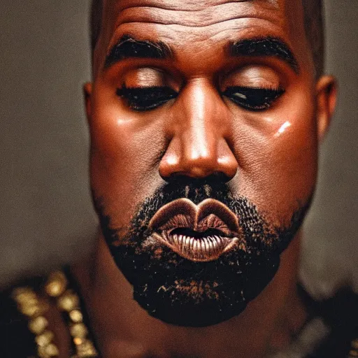 Image similar to the face of kanye west wearing a royal robe and crown at 4 2 years old, portrait by julia cameron, chiaroscuro lighting, shallow depth of field, 8 0 mm, f 1. 8