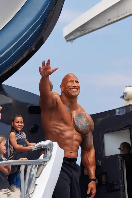 Image similar to dwayne johnson waving to his fans while leaving the united states using a luxurious yacht