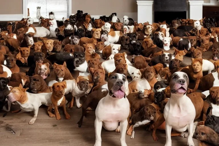 Image similar to a living room full of pit bulls that are facing directly into the camera