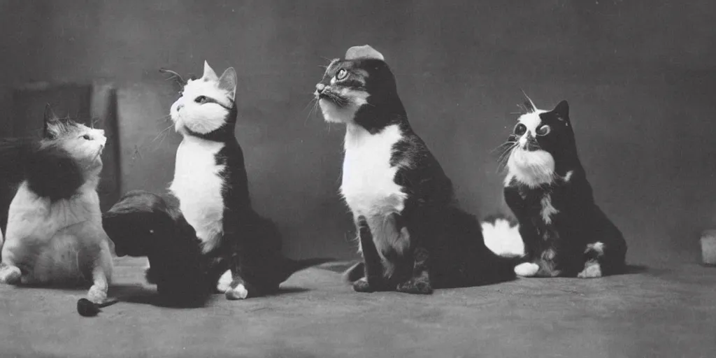 Image similar to very old black and white photo from 1898, film grain, a very serious professor cat is trying to teach the meaning of the universe to a room full of idiot dogs funny