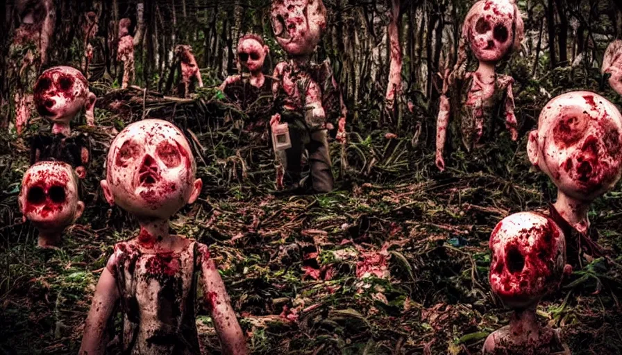 Image similar to “Explosion of doll heads covered in blood in a strange dense forest at night, close up, cinematic lighting, highly detailed special effects”