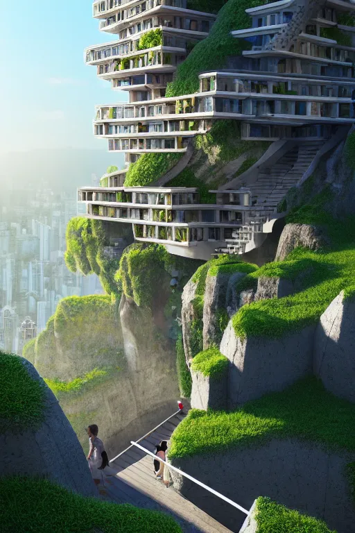 Prompt: architectural illustration of an awesome sunny day environment concept art on a cliff, architecture by kengo kuma with village, residential area, mixed development, high - rise made up staircases, balconies, full of clear glass facades, cgsociety, fantastic realism, artstation hq, cinematic, volumetric lighting, vray
