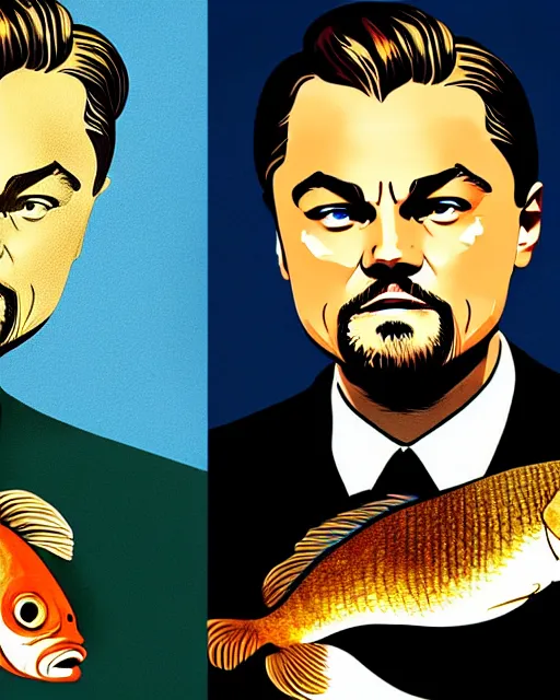 Image similar to painting portrait of leonardo dicaprio and a carp, cartoon, warm lighting, leonardo dicaprio has a carp. leonardo dicaprio and a carp fish. movie poster, illustration by bartek fedyczak, erak note, tooth wu, neil richards, kan liu, siwoo kim, jisu choe, trending on art station