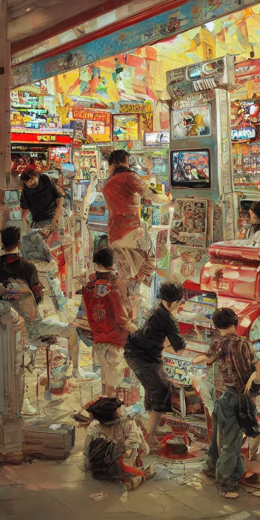 Image similar to oil painting scene from amusement arcade by kim jung gi