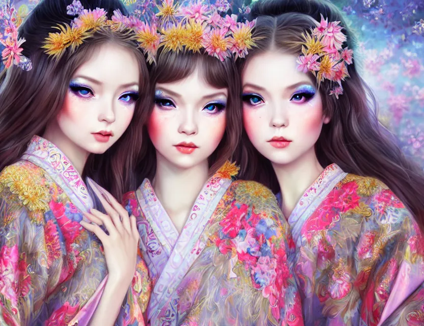 Image similar to two beautiful fashion siberian girls wear fantasy kimono in festival | | big eyes, sunny, dreamlike art, realistic shaded, smile, good looking, hyper details, 4 k realistic, cryengine, realistic shaded lighting poster by artgerm, ross tran, fuji choko, loish, 8 k resolution, trending on artstation, luxury