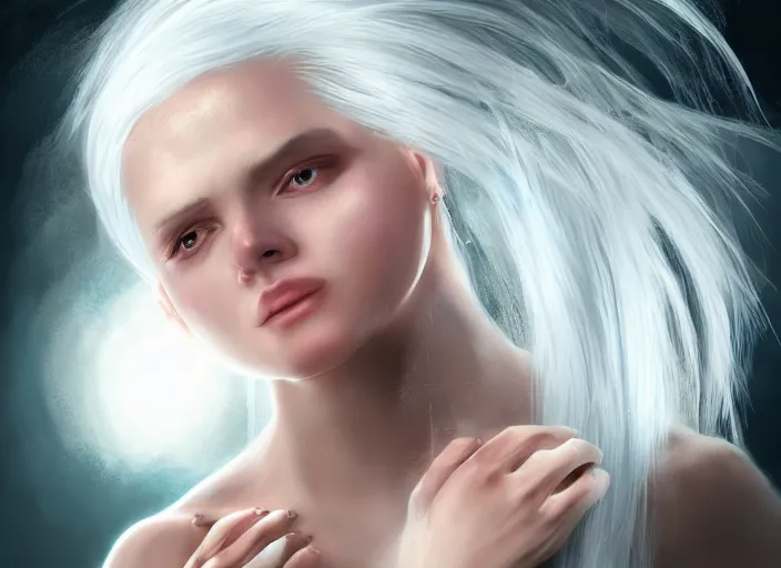 Prompt: girl with silk glowing white hair with glowing white stings coming out of her hands, concept digital art trending on artstation oilpaint