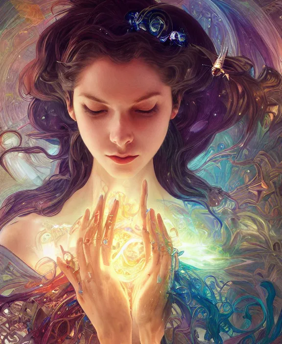 Prompt: a whirlwind of souls rushing inside the metaverse, half body, glowin eyes, tiara with sapphire, insect, d & d, fantasy, intricate, elegant, highly detailed, colorful, vivid color, digital painting, artstation, concept art, art by artgerm and greg rutkowski and alphonse mucha and ruan jia