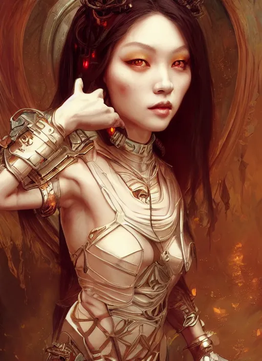 Image similar to portrait of beautiful pale gothic asian maiden, warhammer 40000, cyberpunk, intricate, elegant, highly detailed, digital painting, artstation, concept art, smooth, sharp focus, illustration, art by artgerm and greg rutkowski and alphonse mucha and Gustav Klimt