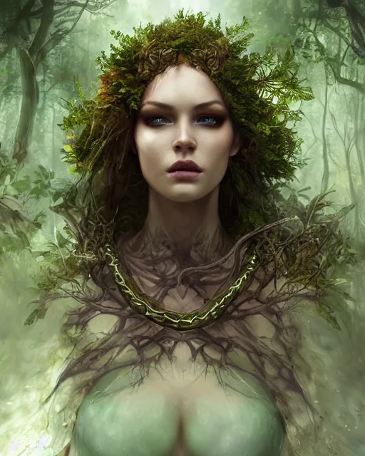 Image similar to portrait high definition photograph female fantasy character art, hyper realistic, pretty face, hyperrealism, iridescence water elemental, snake skin armor forest dryad, woody foliage, 8 k dop dof hdr fantasy character art, by aleski briclot and alexander'hollllow'fedosav and laura zalenga