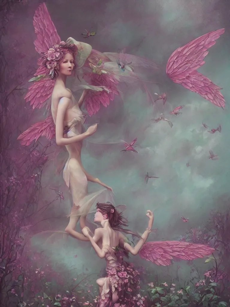 Image similar to one pink fairy with large wings exploring her lonely flower garden by herself in the style of tom bagshaw, extremely detailed, muted colors