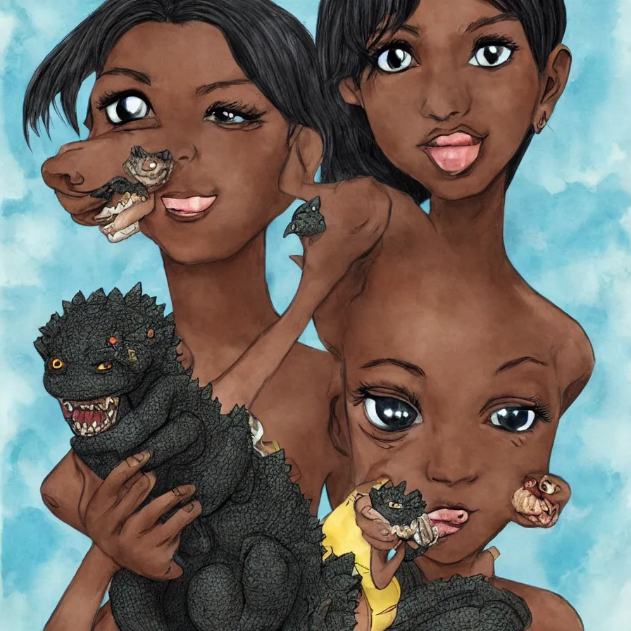 Prompt: Dark skinned woman holding pet chibi Godzilla, portrait, Highly Detailed