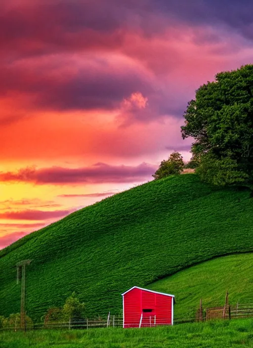 Image similar to red mountain ash, green fence, wooden house, village, clouds in the sky, sunset, summer