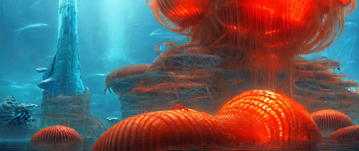 Image similar to hyperrealistic hyper detailed underwater bio-morphic city of atlantis guarded by giant orange jellyfish matte painting concept art maciej kuciara hajime sorayama cinematic soft red lighting low angle hd 8k sharp shallow depth of field