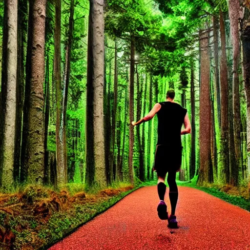 Prompt: athletic guy runs through a forest with tall trees, acid-green sneakers, a photo from the back, art McKie Angus, perspective