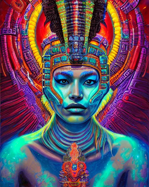 Prompt: a portrait of a mayan quetzalcoatl goddess with a lazer shining into the top of her head, pieces expanding from impact aquamarine and red, by android jones, by ben ridgeway, by ross draws, by Noah Bradley, by Maciej Kuciara