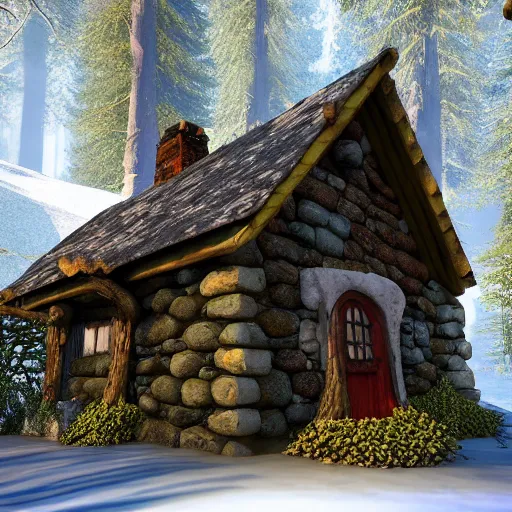 Prompt: elf magical forest cabin with a chimney 8k fantasy Unreal 5 engine