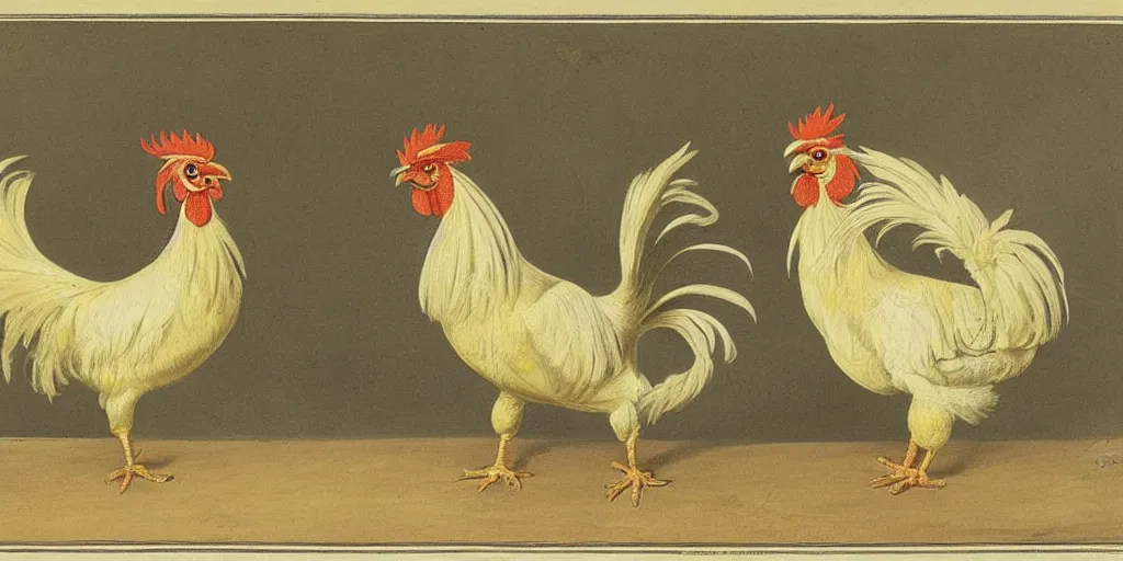 Prompt: illustration of white and yellow cockfighting roosters, by karl wilhelm de hamilton, detailed, realism
