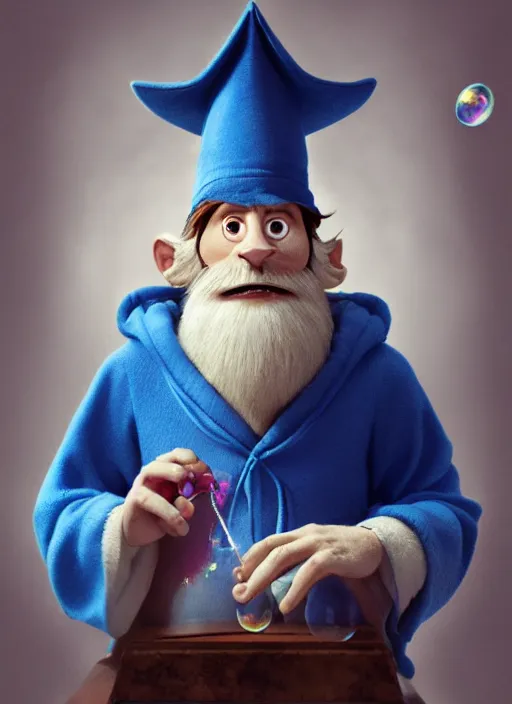 Prompt: an anthropomorphic beautiful male wizard portrait blowing bubbles wearing blue robe, fine art, award winning, intricate, elegant, sharp focus, octane render, hyperrealistic, wizard hat cinematic lighting, highly detailed, digital painting, 8 k concept art, art by jamie hewlett and z. w. gu, masterpiece, trending on artstation, 8 k