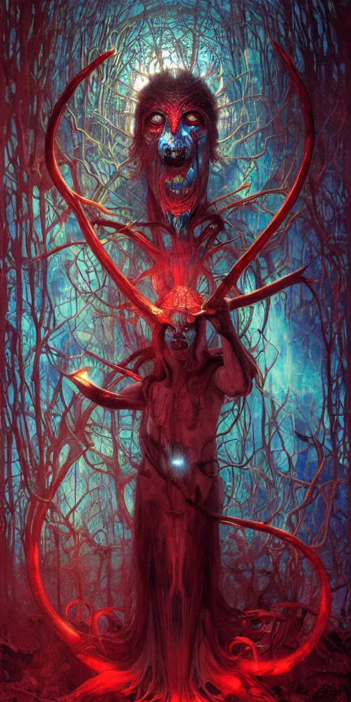Image similar to intense snarling screaming glowing pagan god with ram horns and veins and intense glowing eyes in very dark forest by karol bak and beksinski and alphonse mucha, portrait, fantasy, clear, light beams, lens flare, intense, uhd, red and teal and shining polished gold, amazing depth, cinematic lighting