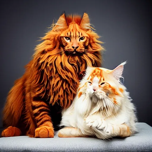 Image similar to ”huge orange maine coon cat biting the nose of a red bearded viking resting on a couch, [cinematic, photorealistic, dslr, portrait, photography, annie leibowitz]”