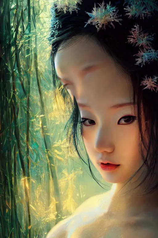 Image similar to stunningly beautiful, frost geisha prima ballerina in jungle, symmetrical face, golden hour, smooth, focus, highly detailed, hyper realistic, dramatic lighting, elegant, intricate, concept art, art by wlop, mars ravelo, greg rutowski, artstation