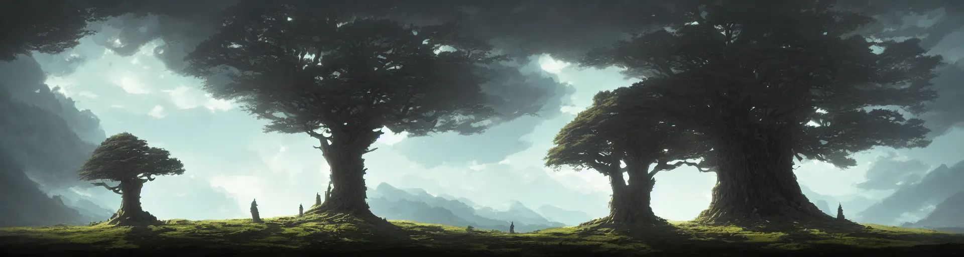 Prompt: a landscape of a single ancient ash tree, studio wit, castle in the sky, animated, anime, illustrated, by greg rutkowski, dungeons and dragons on artstation