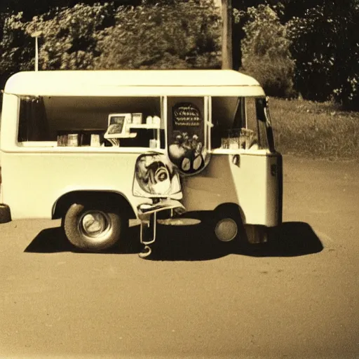 Prompt: ice cream van with creepy shadow man inside, found footage, analog, disposable film, 8 mm