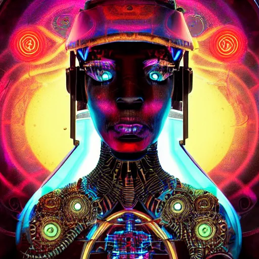 Prompt: symmetry!! a cyberpunk dogon priest opening a steampunk neon portal from within the void, alien cold fusion time machine, by machina infinitum and android jones, surreal psychedelic portrait style, dim lit, rim light, intricate and detailed environment, radiant lighting, fractal with infinite intricacy background, rendered in octane,