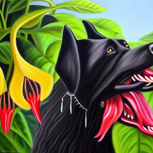 Prompt: realistic oil painting of a vicious black dog bearing its fangs next to brugmansia suaveolens flowers