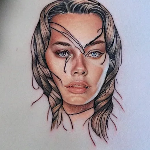 Image similar to face morph tattoo design sketch of beautiful mountain scenery blend in margot robbie face, in the style of matteo pasqualin, amazing detail