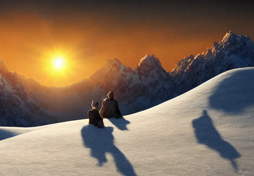 Image similar to fully photorealistic eclipse at sunrise on snowy mountaintop, distant glowing figures, masterpiece composition, art by john collier, albert aublet, artem demura, alphonse mucha, sharper luminescent focus, nd 6, hdr, movie still, cinematic diffuse lighting, artstation, textless, sharp focus