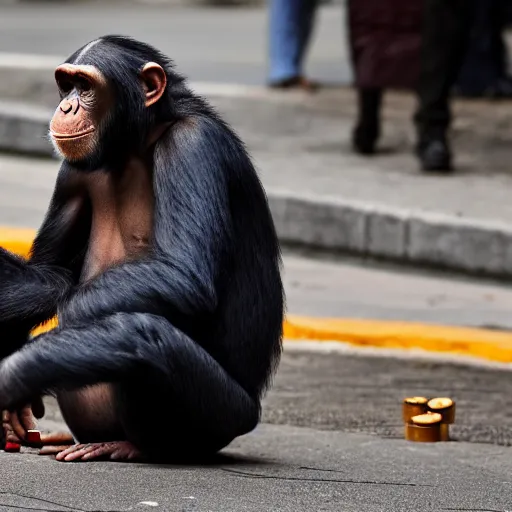 Image similar to a chimpanzee picking up pennies on a street in manhattan, depth of field, breathtaking, detailed and intricate environment, 8 k resolution, hyperrealistic