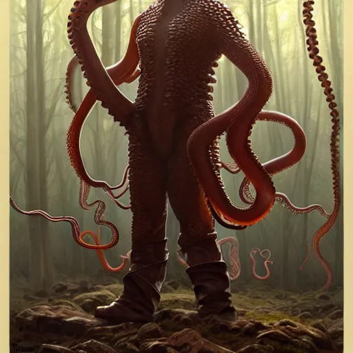 Image similar to photo of vladimir lenin as humanoid octopus, tentacles beard, tentacles heands, mushroom hat, hybrid were a heroic dress an armour in the forest, highly detailed, digital painting, artstation, smooth, sharp focus, illustration, art by artgerm and greg rutkowski and alphonse mucha