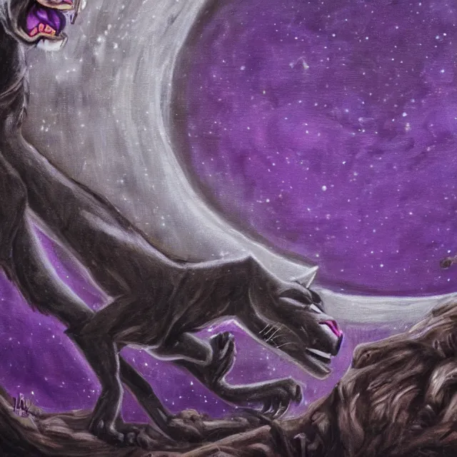 Image similar to closeup of a purple panther roaring at the moon in the forest. night. large moon in the center. cinematic. oil painting. concept art