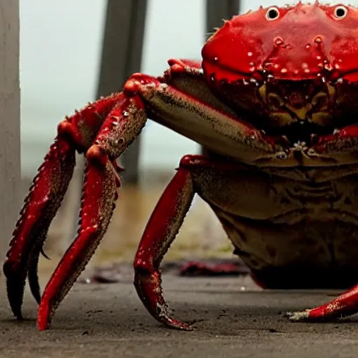 Image similar to big budget horror movie about a blood splattered crab