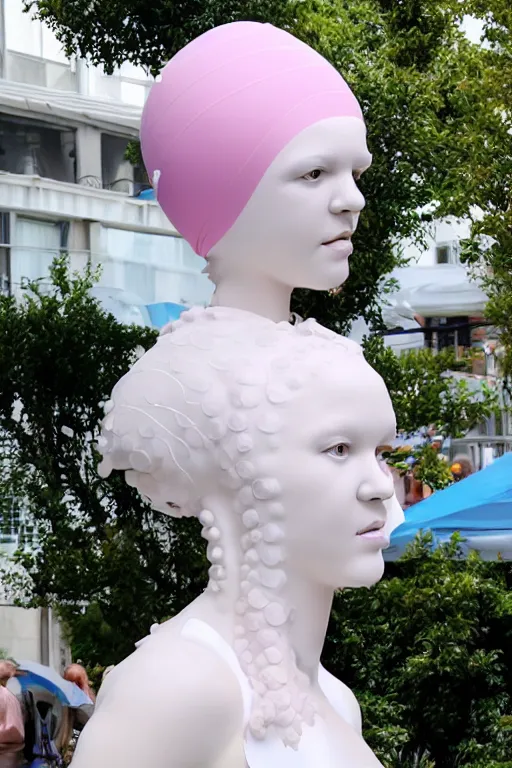 Image similar to full head and shoulders, beautiful porcelain female person, smooth, delicate facial features, big detailed eyes, white lashes, wearing a pale blue swimming cap and pale pink swimming costume, 3 d white large octopus tentacles by daniel arsham and james jean