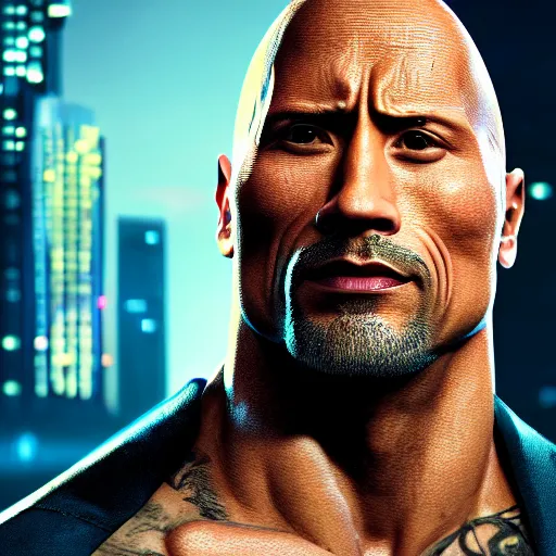 Image similar to dwayne johnson portrait, cyberpunk 2 0 7 7, cyberpunk v, johnny silverhand, photorealistic, ultra detailed, neon, octane, bokeh, cinematic lighting, cyber, cyberpunk city, studio quality, feature, scars, cyberface, 8 k