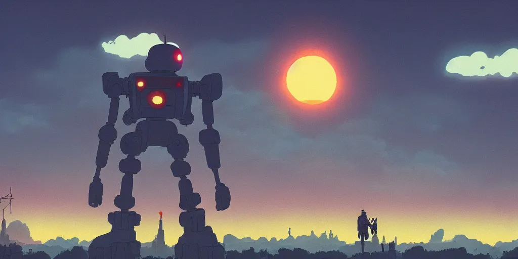 Prompt: Iron Giant, Portrait, Very Cloudy Sky, Sun, Neon Lights, Subject in Middle, Subject in center, Rule of Thirds, Retrofuturism, Studio Ghibli, Simon Stålenhag