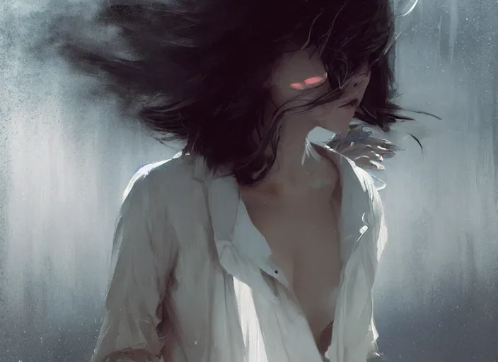 Image similar to white dress girl chasing from crazy grim reaper, messy hair, messy lines, scared face, beautiful and aesthetic and attractive, dramatic situation, specular reflection, occlusion shadow, intricate, bokeh, by ilya kuvshinov and jeremy lipking and quentin mabille