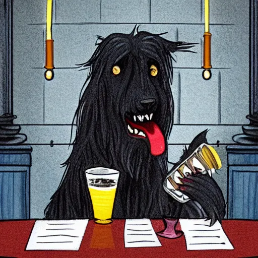 Image similar to a shaggy black dog with vampire fangs drinking at a bar while sitting on a stool. Illustration.