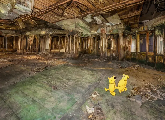 Image similar to the inside of the building for a Winnie the Pooh Disney theme park ride, indoor ride, shut down, abandoned, Florida, out of business building, got shut down, kids place, interior, liminal spaces, backrooms, empty