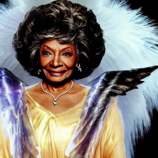 Prompt: nichelle nichols as a heavenly angel in cloud heaven photorealistic fantasy epic