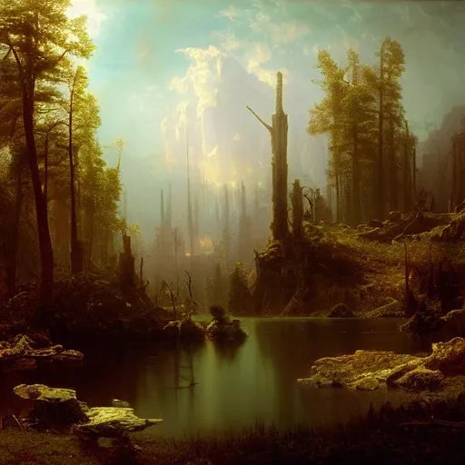 Image similar to painting of a post - apocaliptic wonderland by albert bierstadt, matte painting, unreal engine, 8 k resolution, beautiful, dark ambient